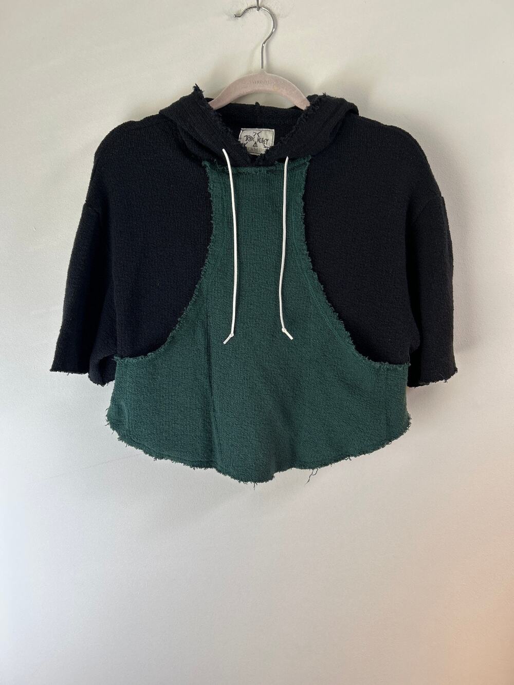 Tribe Kelley XS Hooded Crop Sweatshirt Black Green Raw Edge USA Made Boho